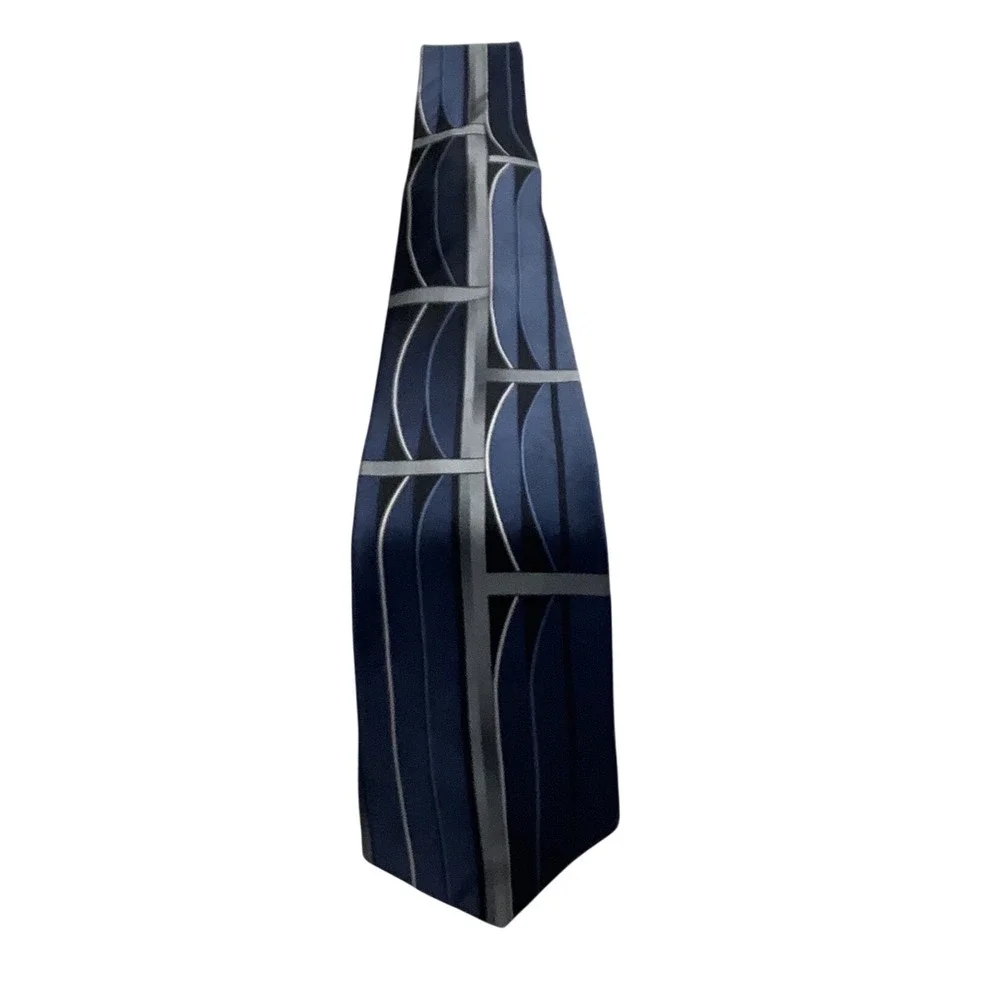 Arrow Mens Silk Necktie Navy Blue Grey Geometric Striped Grid Formal Tie